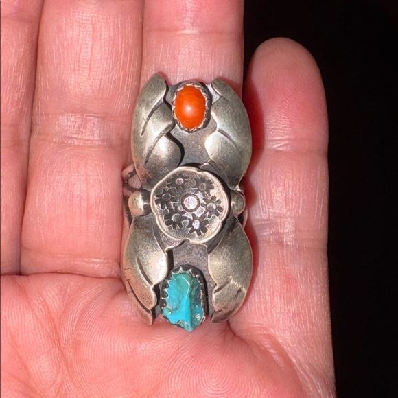 Navajo 925 Silver Ring with Coral and Turquoise Stones Signed